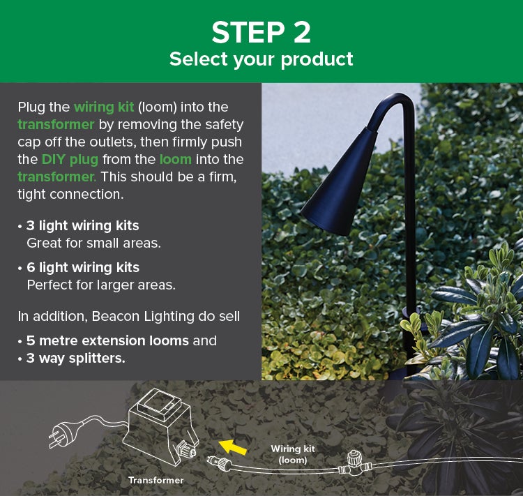 Step 2: Plug The Wiring Kit (Loom) Into The Transformer By Removing The Safety Cap Off The Outlets, Then Firmly Push The DIY Plug From The Loom Into The Transformer. This Should Be a Firm, Tight Connection. 3 Light Wiring Kits Are Great For Small Areas.