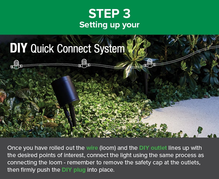 Step 3: Once You Have Rolled Out The Wire (Loom) And The DIY Outlet Lines Up With The Desired Points Of Interest, Connect The Light Using The Same Process As Connecting The Loom - Remove The Safety Cap At the Outlets, Then Push The DIY Plug Into Place.