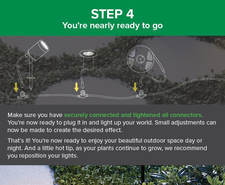 Step 4: You're Nearly Ready To Go! Make Sure You Have Securely Connected And Tightened All Connectors. You're Now Ready To Plug It In And Light Up Your World. Small Adjustments Can Now Be Made To Create The Desired Effect. That's It!