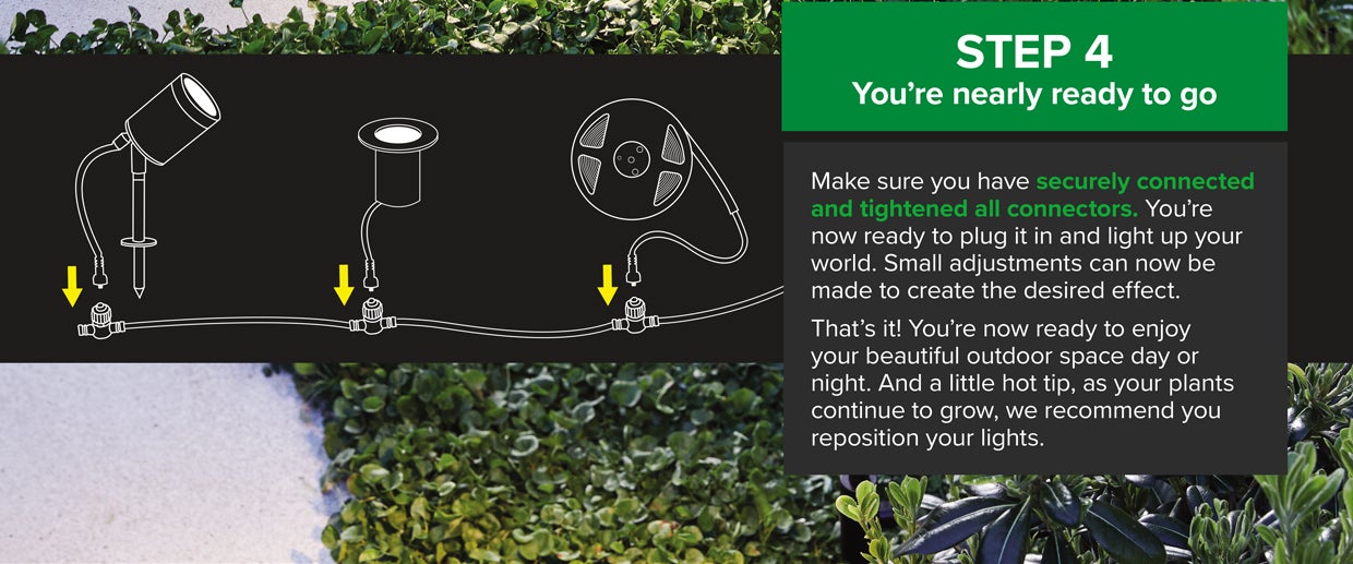 Step 4: You're Nearly Ready To Go! Make Sure You Have Securely Connected And Tightened All Connectors. You're Now Ready To Plug It In And Light Up Your World. Small Adjustments Can Now Be Made To Create The Desired Effect. That's It!